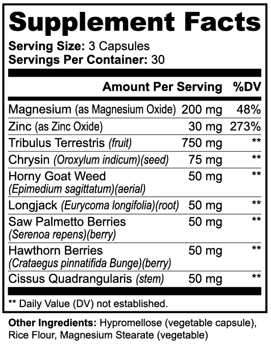 Supplement facts for Roksy Ultra Testosterone XL, a natural testosterone booster for men, showing ingredients and nutritional