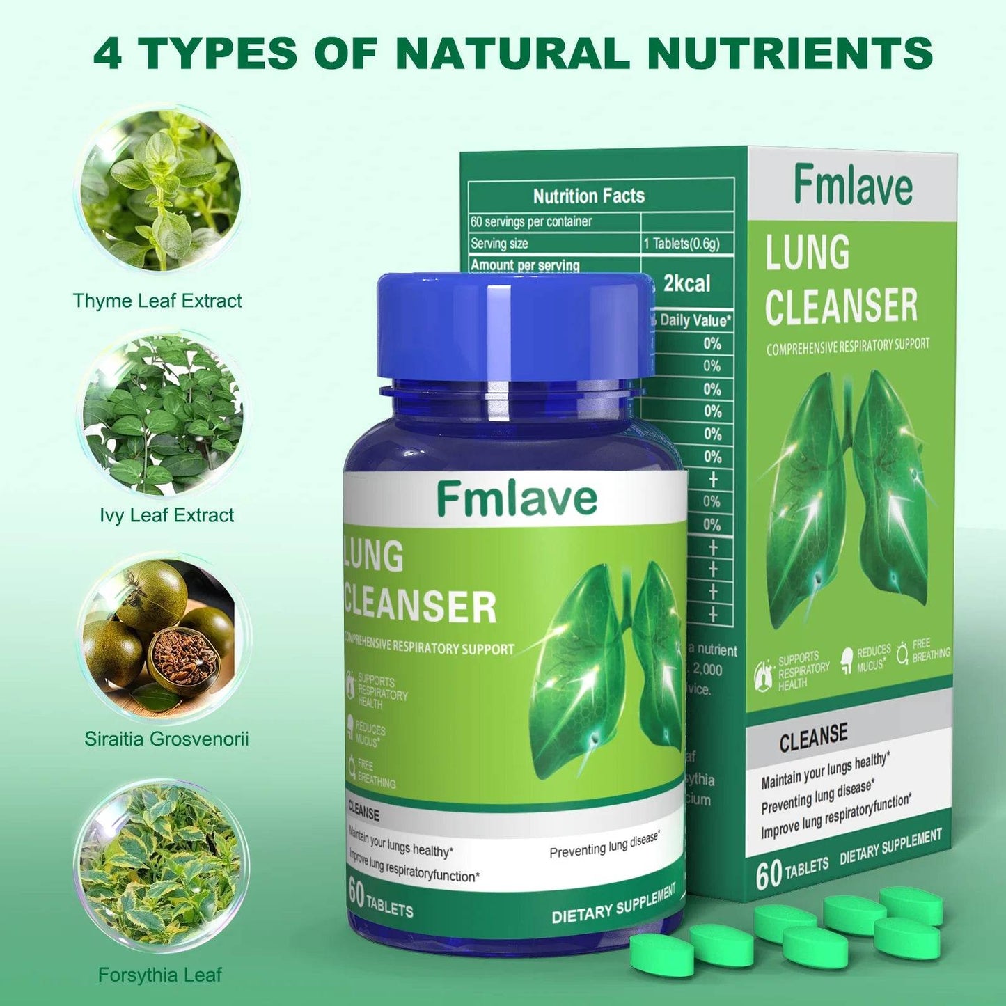 Lung Cleanser Health Supplement, Powerful Herbals Extract Formula For Lung Cleanse, Immune & Mucus Support, 60 Tablets (36g)