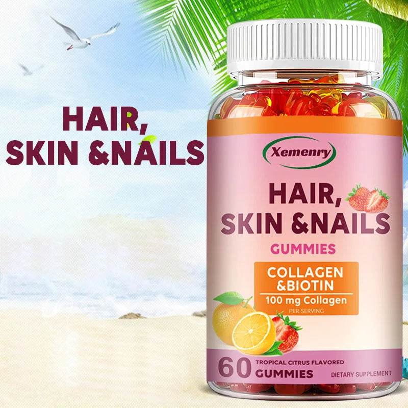 Hair, Skin & Nails Vitamins - Contains Biotin, Collagen - Promotes Hair Growth, Nourishes Skin, Strengthens Nails - 60 Gummies