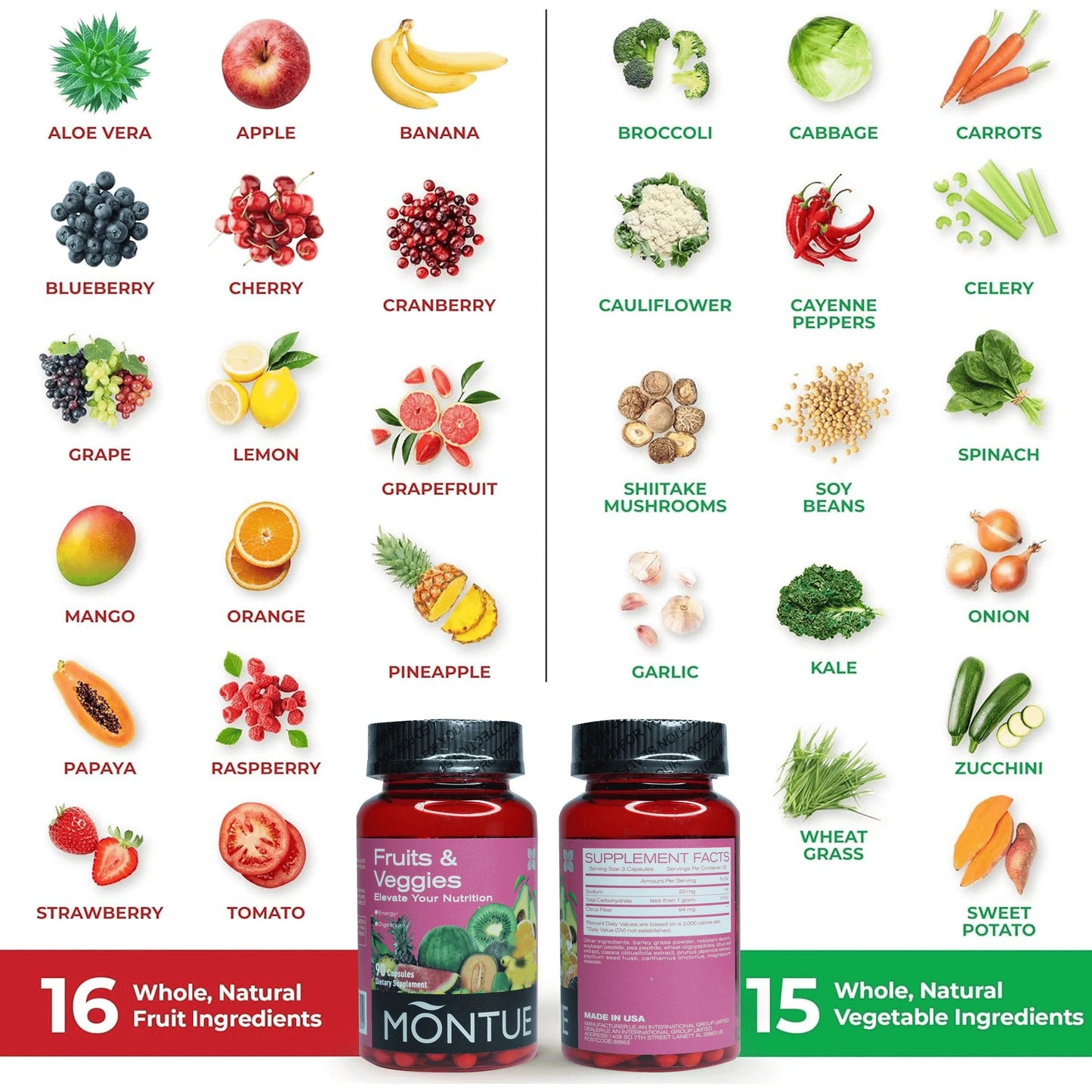 Montue Fruits and Veggies Supplement - 90 Fruit and 90 Veggie Capsules - Supports Energy Levels, Vitamins & Minerals -Made in Th