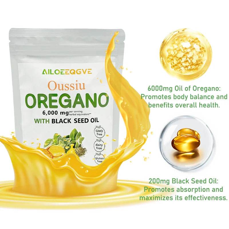 Oussiu Oil of Oregano Softgels 6000mg Per Serving, 300 Count 2 in 1 Formulated with Black Seed Oil 200mg Easy to Swallow