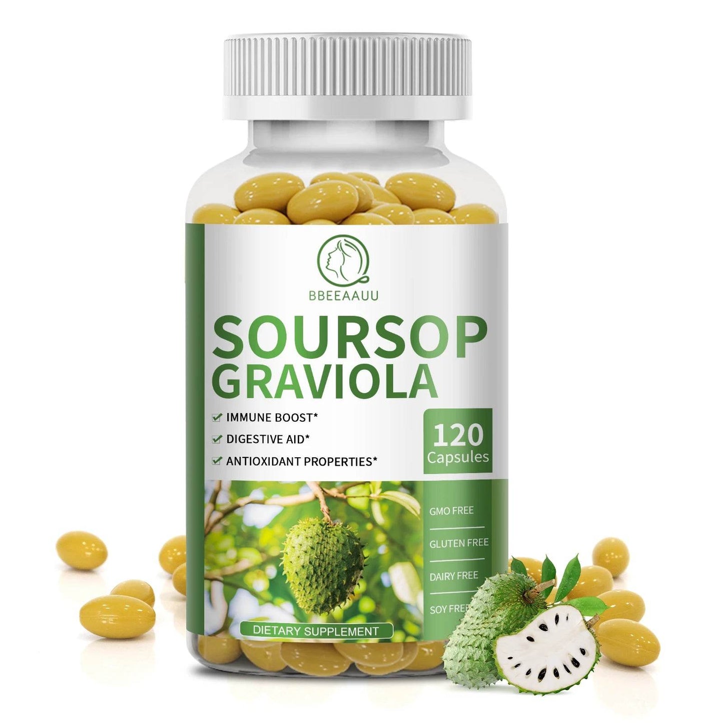 BBEEAAUU Soursop Graviola Extract Capsules for Cell Support and Regeneration, Immunity, Liver, Antioxidants Gut Digestive Health 120pcs United States