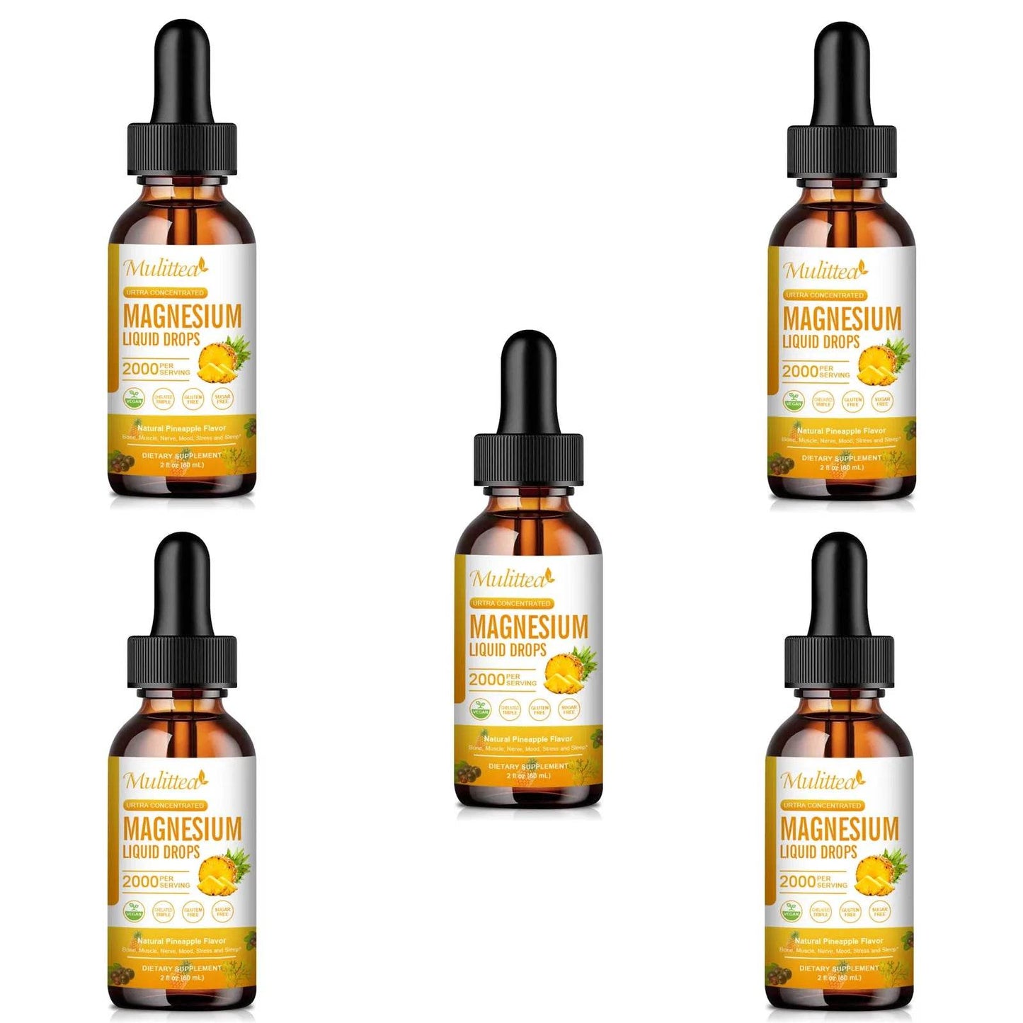 Mulittea Magnesium Glycinate Drops In Pineapple Flavor For Calming Mood, Muscles Sleep, Promoting Nerves and Relaxation 5bottles United States