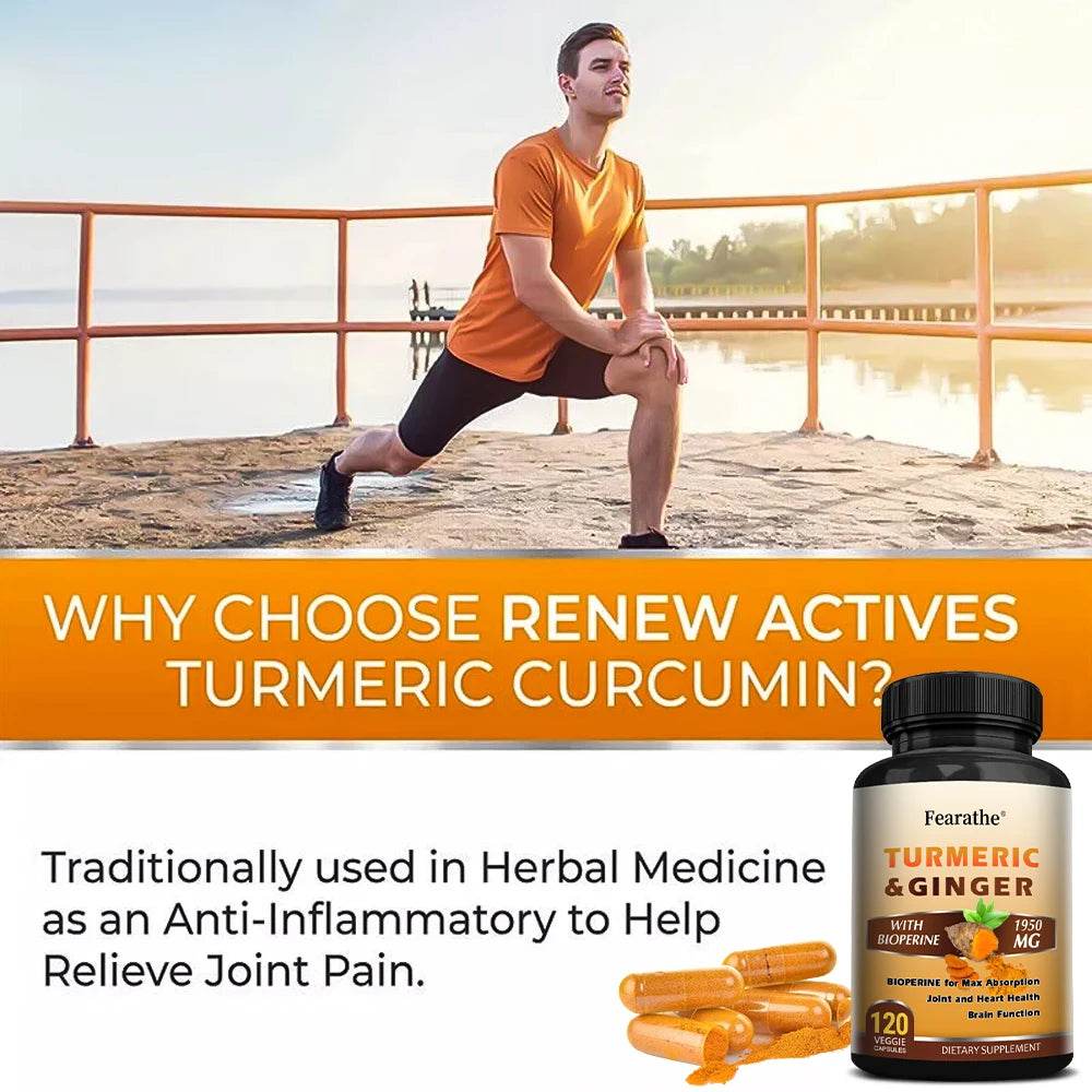 Turmeric Ginger Capsules with BioPerine 1950 Mg - Black Pepper for Better Absorption, Natural Joint, Heart and Brain Support