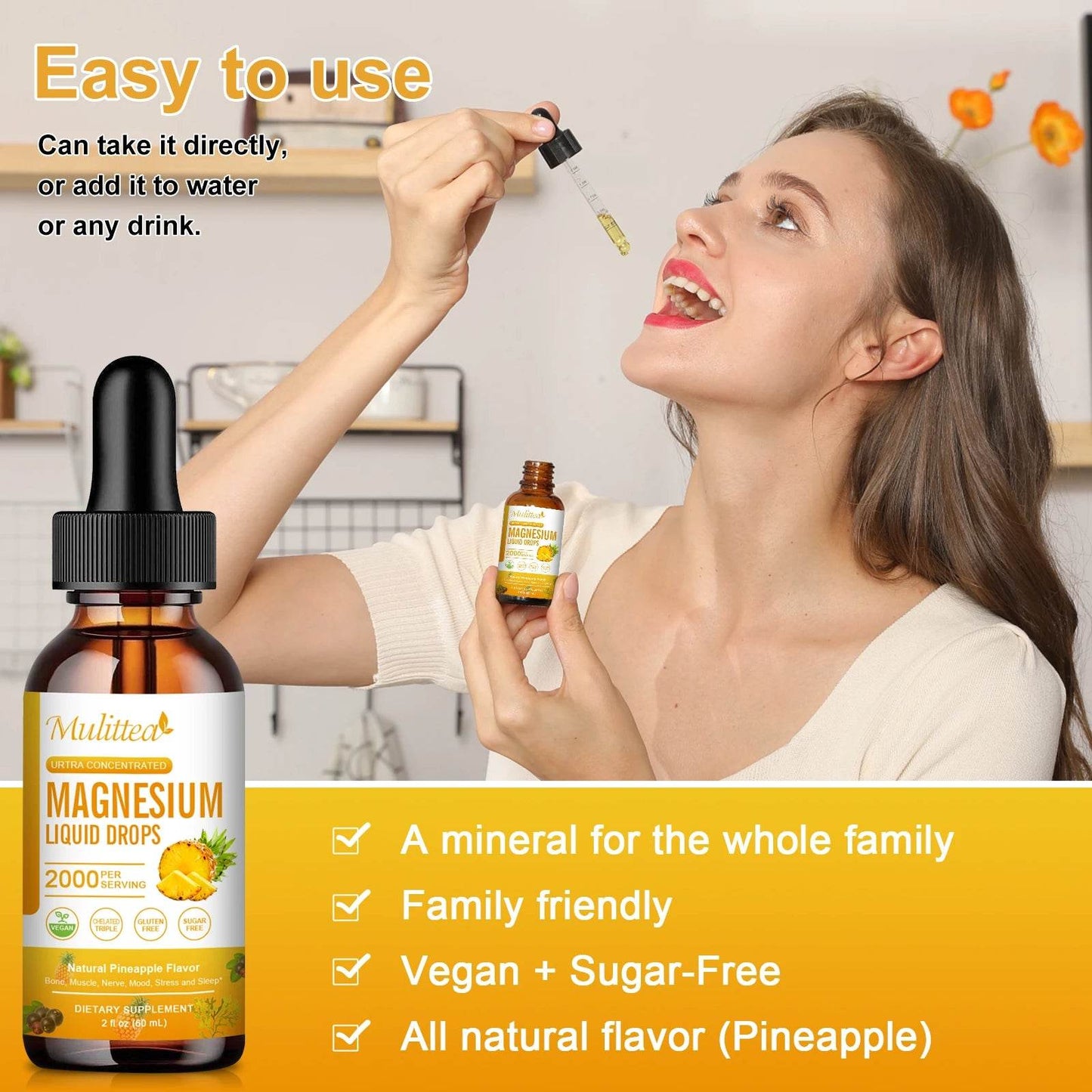 Mulittea Magnesium Glycinate Drops In Pineapple Flavor For Calming Mood, Muscles Sleep, Promoting Nerves and Relaxation