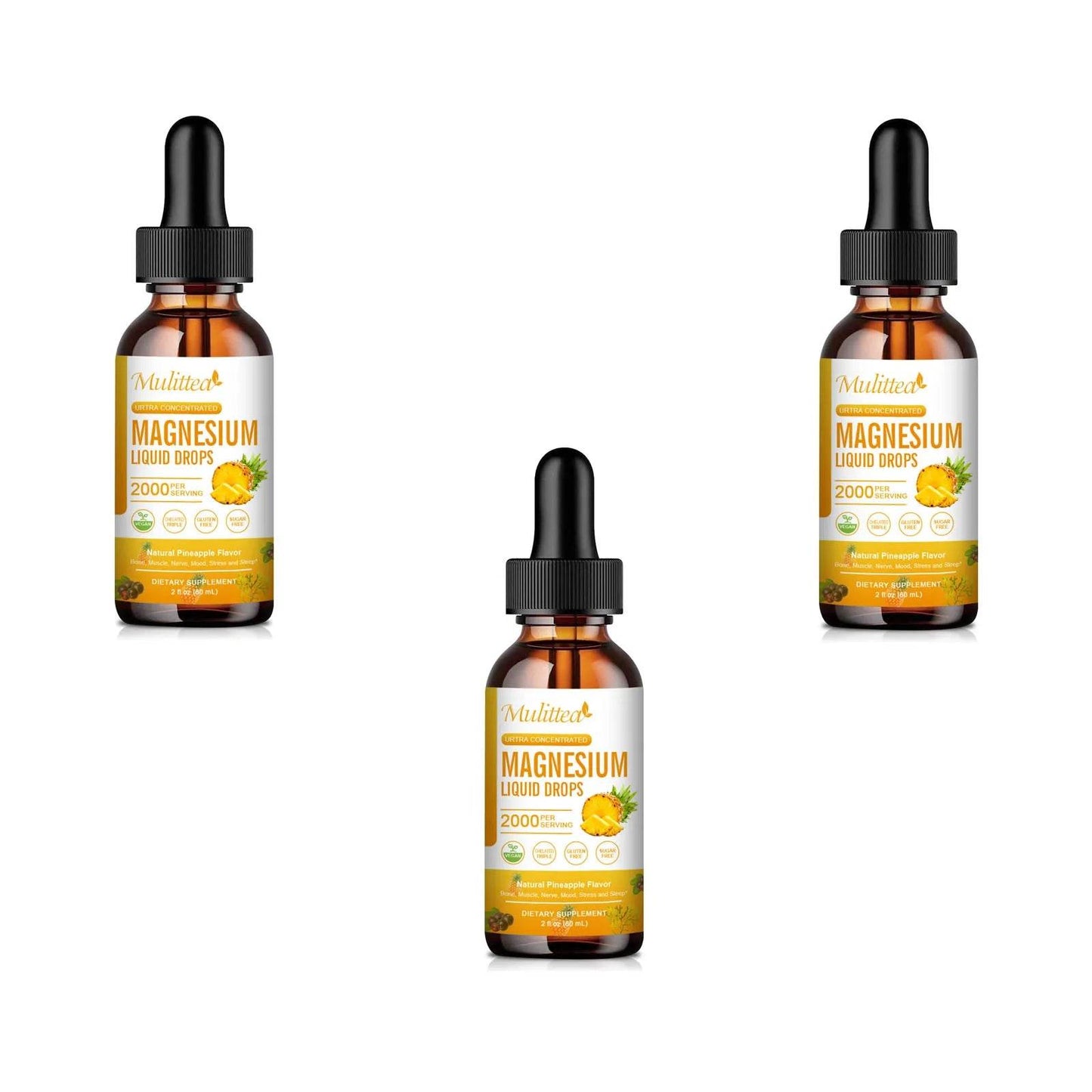Mulittea Magnesium Glycinate Drops In Pineapple Flavor For Calming Mood, Muscles Sleep, Promoting Nerves and Relaxation 3bottles United States
