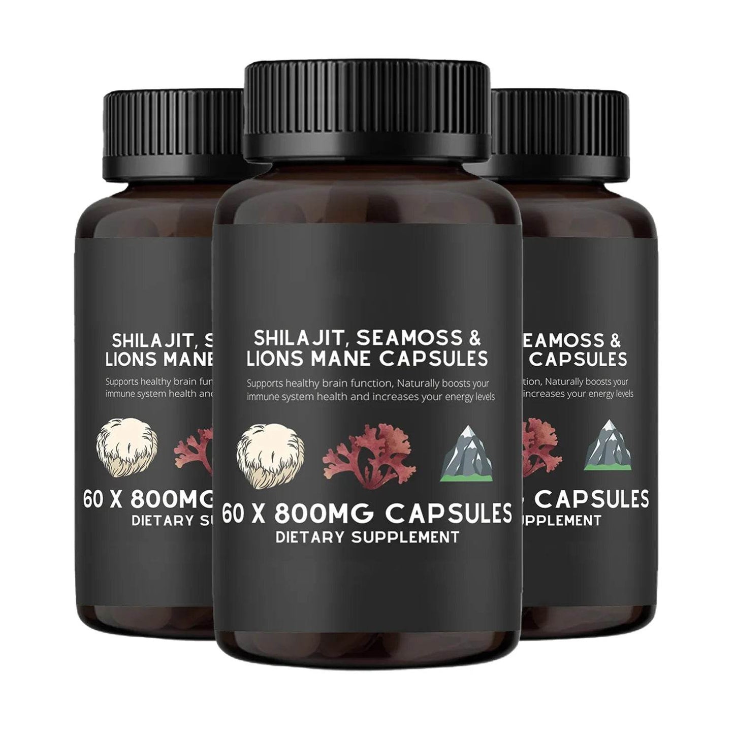Shilajit, SeaMoss&Lions Mane Capsules - Comprehensive All-in-One Wellness Supplement for Mind, Body, and Vitality - 60 Capsules 3 bottles United States