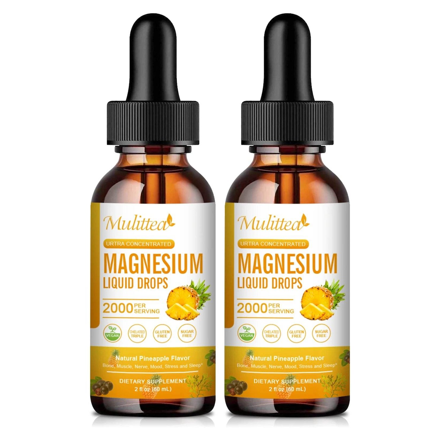 Mulittea Magnesium Glycinate Drops In Pineapple Flavor For Calming Mood, Muscles Sleep, Promoting Nerves and Relaxation 2bottles United States