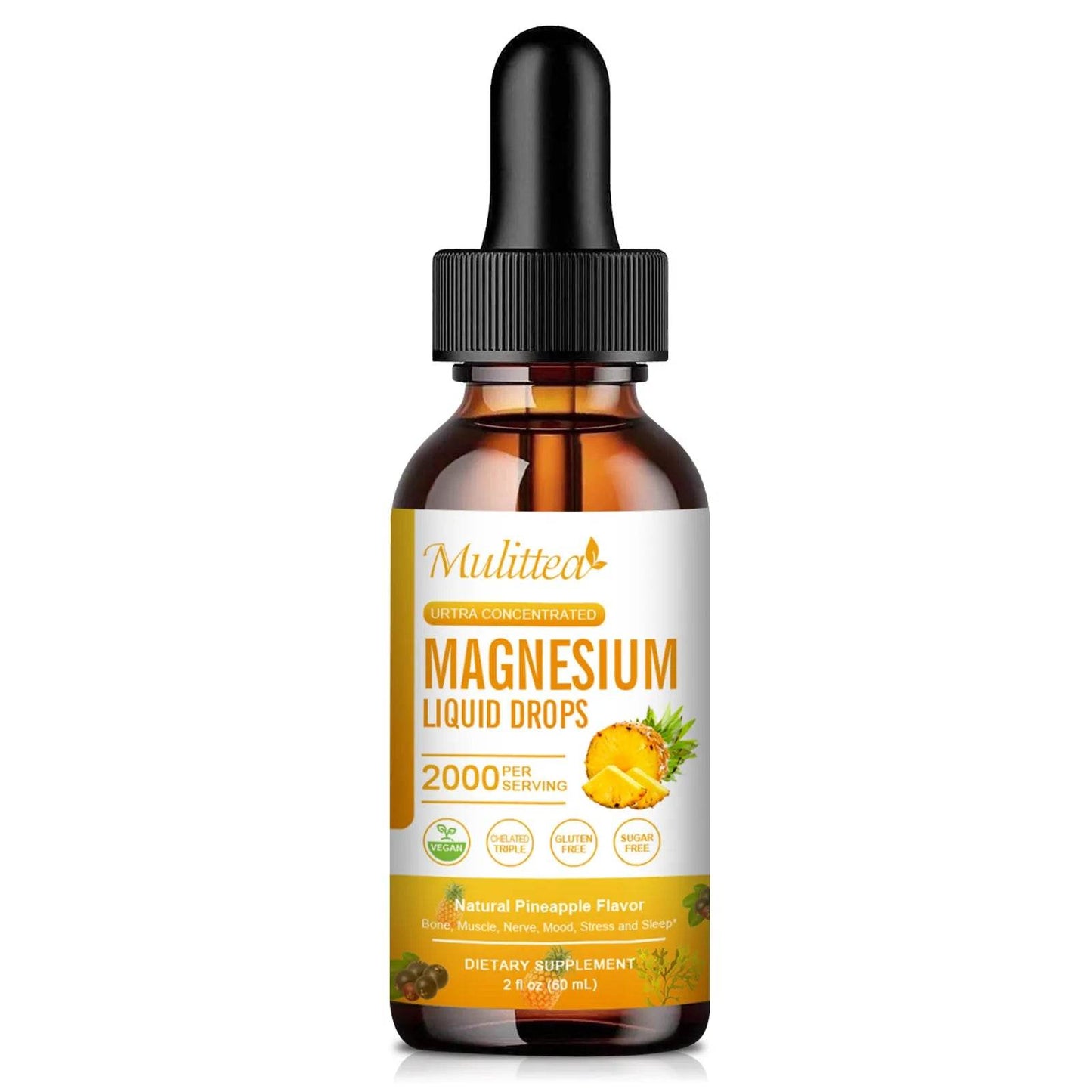 Mulittea Magnesium Glycinate Drops In Pineapple Flavor For Calming Mood, Muscles Sleep, Promoting Nerves and Relaxation 1bottles United States