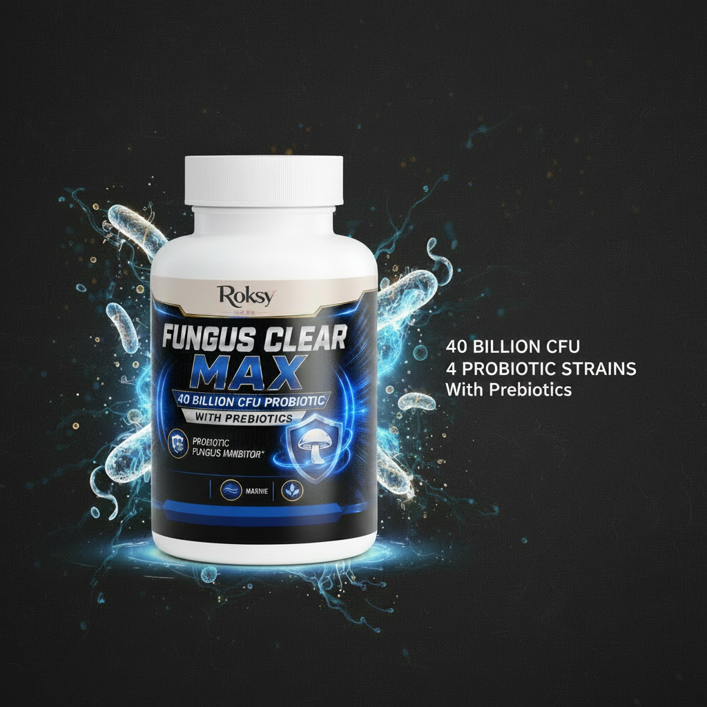 Roksy Fungus Clear Max bottle with probiotic bacteria graphics and clean gold-bordered panel listing: 40 Billion CFU, 4 Probiotic Strains, With Prebiotics