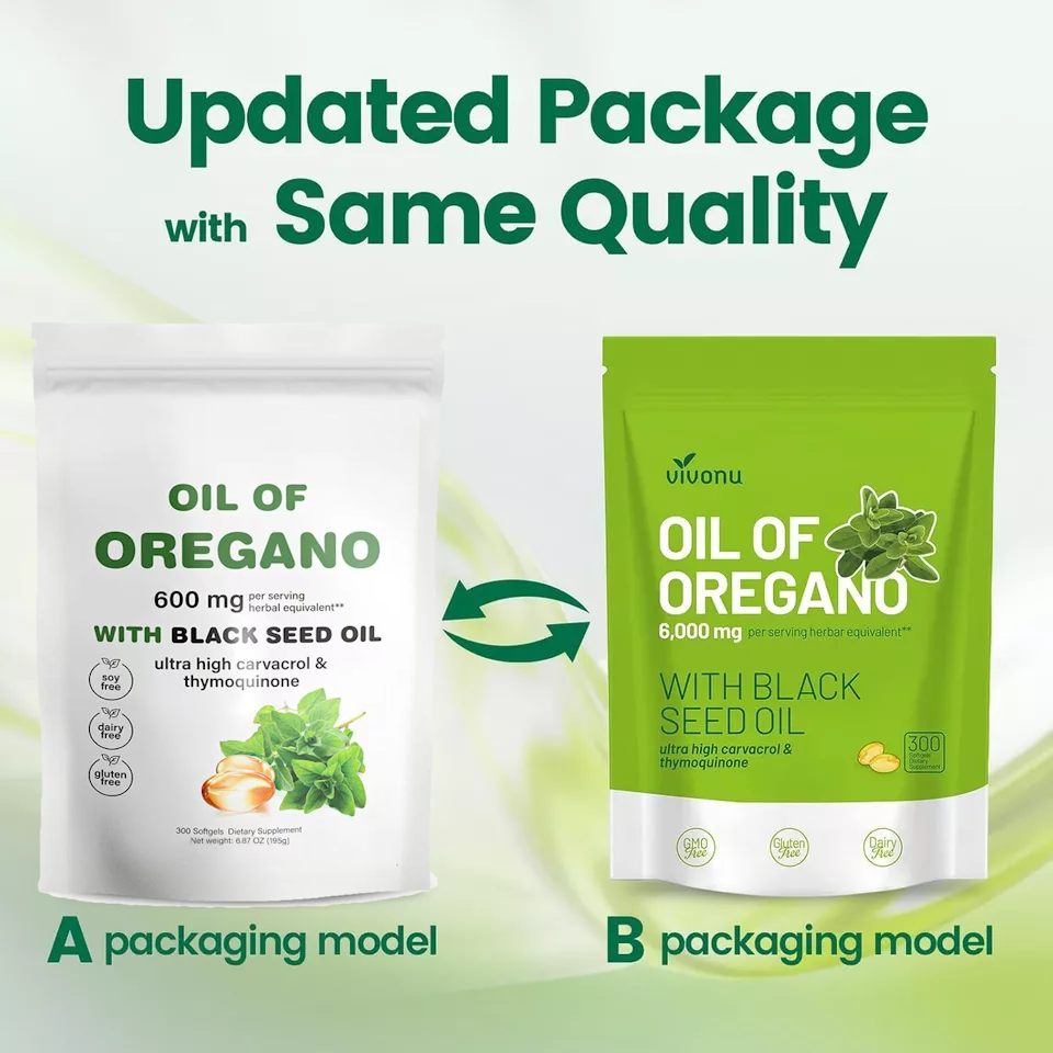 Updated Oil of Oregano with Black Seed package showcasing 600 mg potent supplement for health benefits