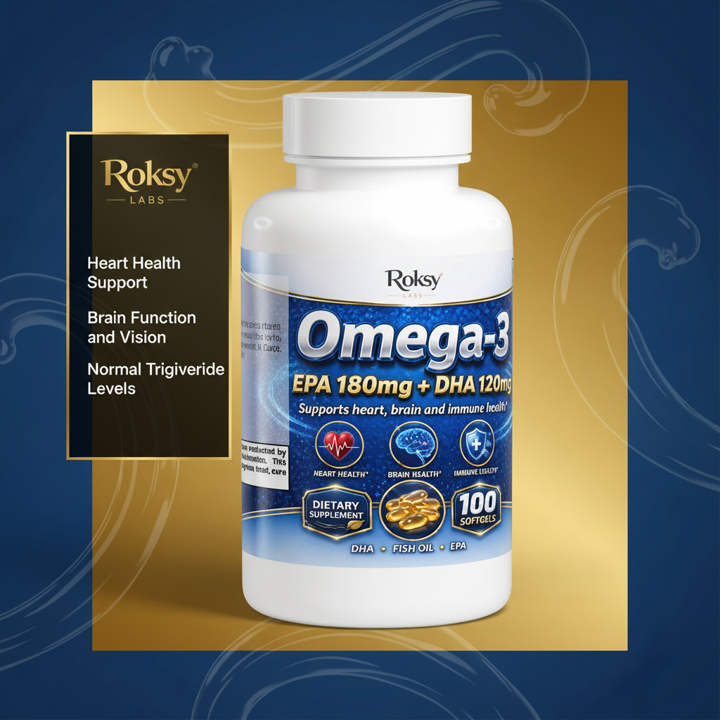 Roksy Omega 3 fish oil softgels with 180mg EPA and 120mg DHA for heart and brain health support