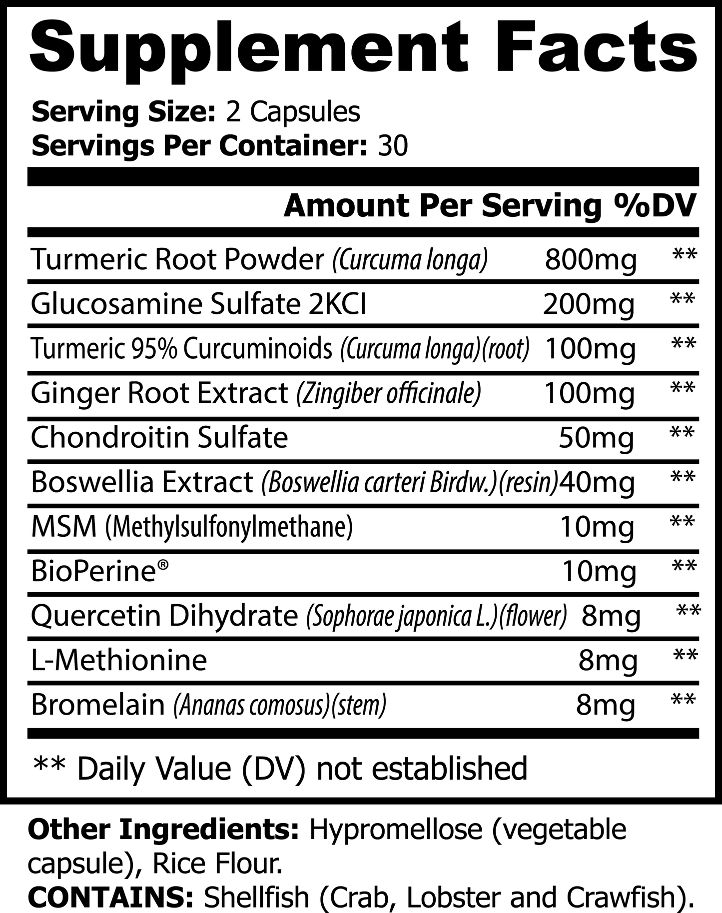 Roksy turmeric dietary supplement facts showing key ingredients and serving information