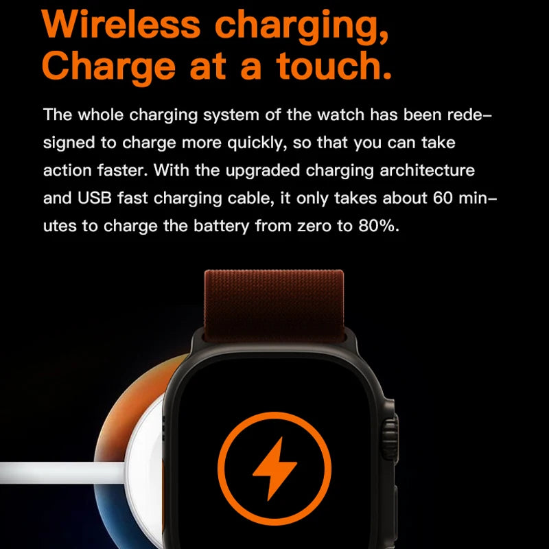 Roksy T1000 Ultra 7 smartwatch showing wireless charging with fast charge icon on screen