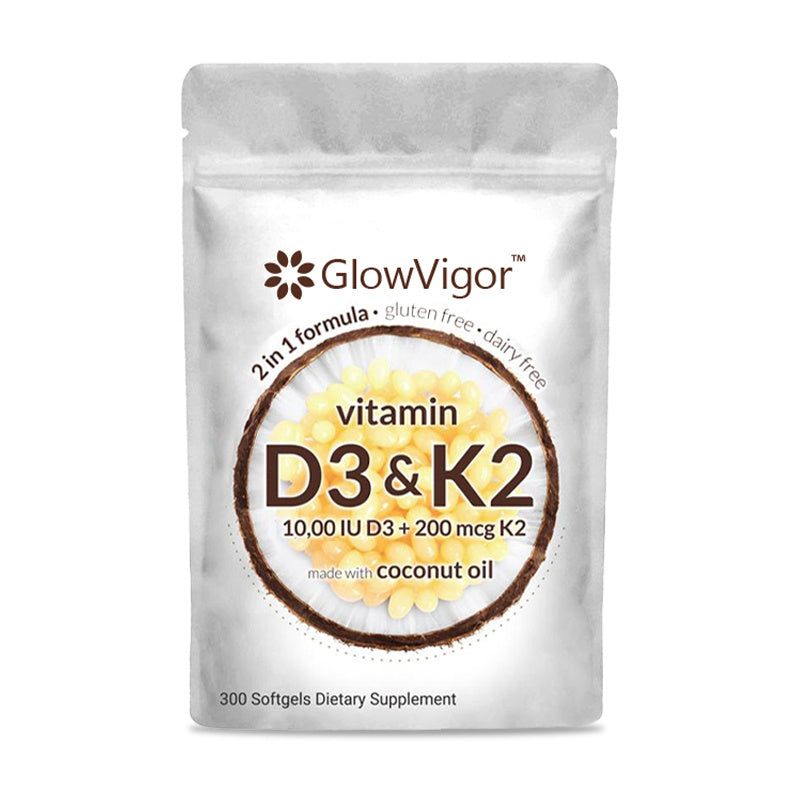 GlowVigor 2-in-1 Vitamin D3 K2 Supplement Softgel, 9999 IU VIT D3 200 MCG Vitamin K2, Free Of GMO, Gluten, Soy, Bone Health, Cardiovascular Health Support, Aiding In Calcium Absorption, 300 Pcs