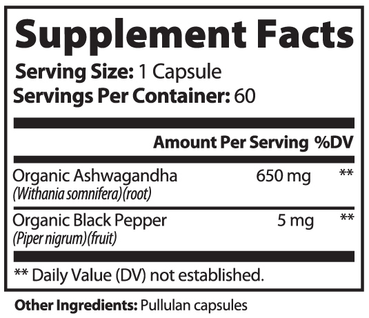 Roksy Ashwagandha Withania Supplement Facts showing organic ingredients in each capsule. ashwagandha  with black pepper extract