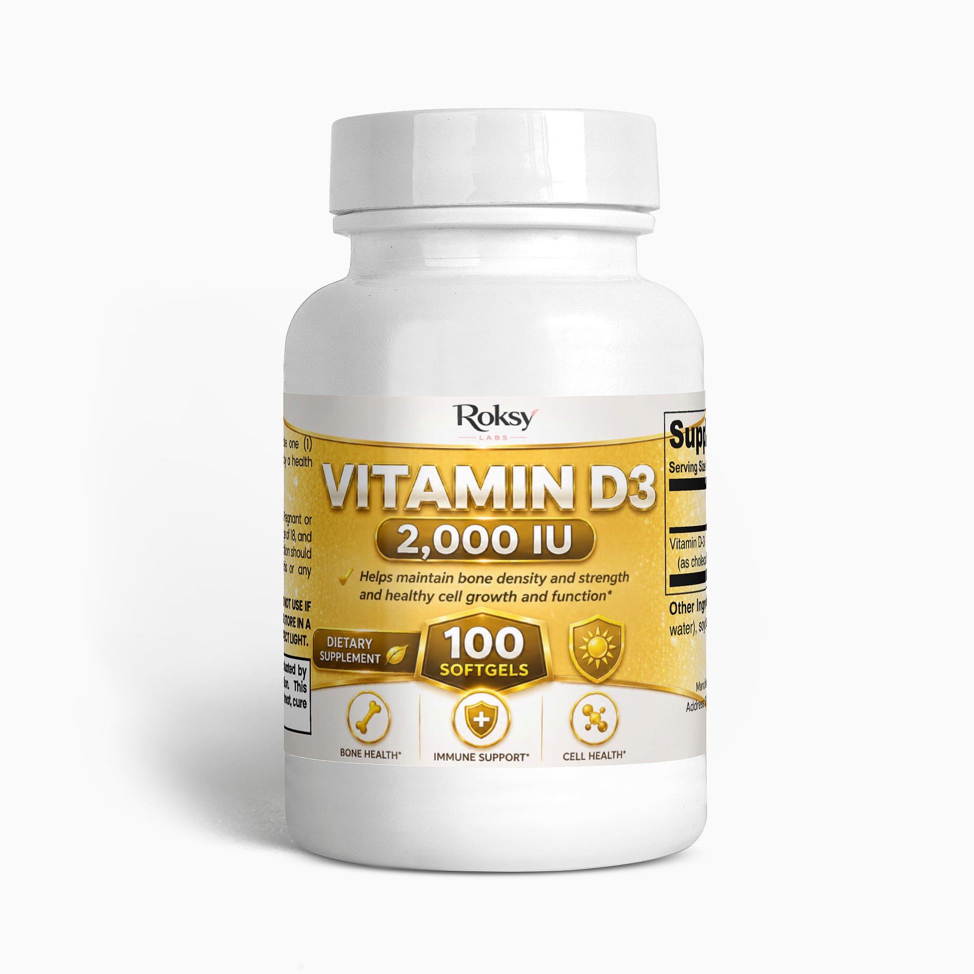 Bottle of Roksy Vitamin D3 2,000 IU supplement on a white background