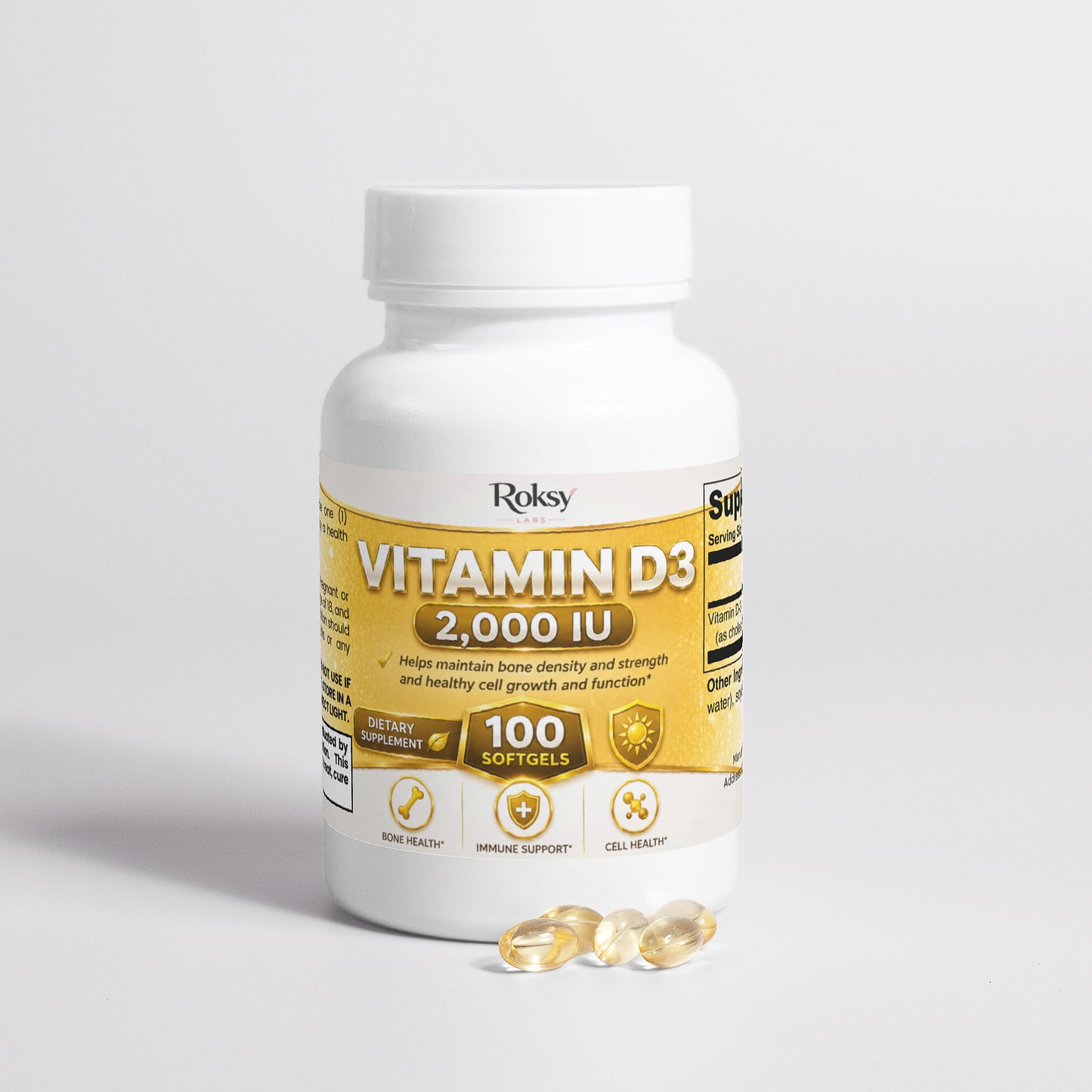 Bottle of Rolsky Vitamin D3 2,000 IU supplements on a light gray background