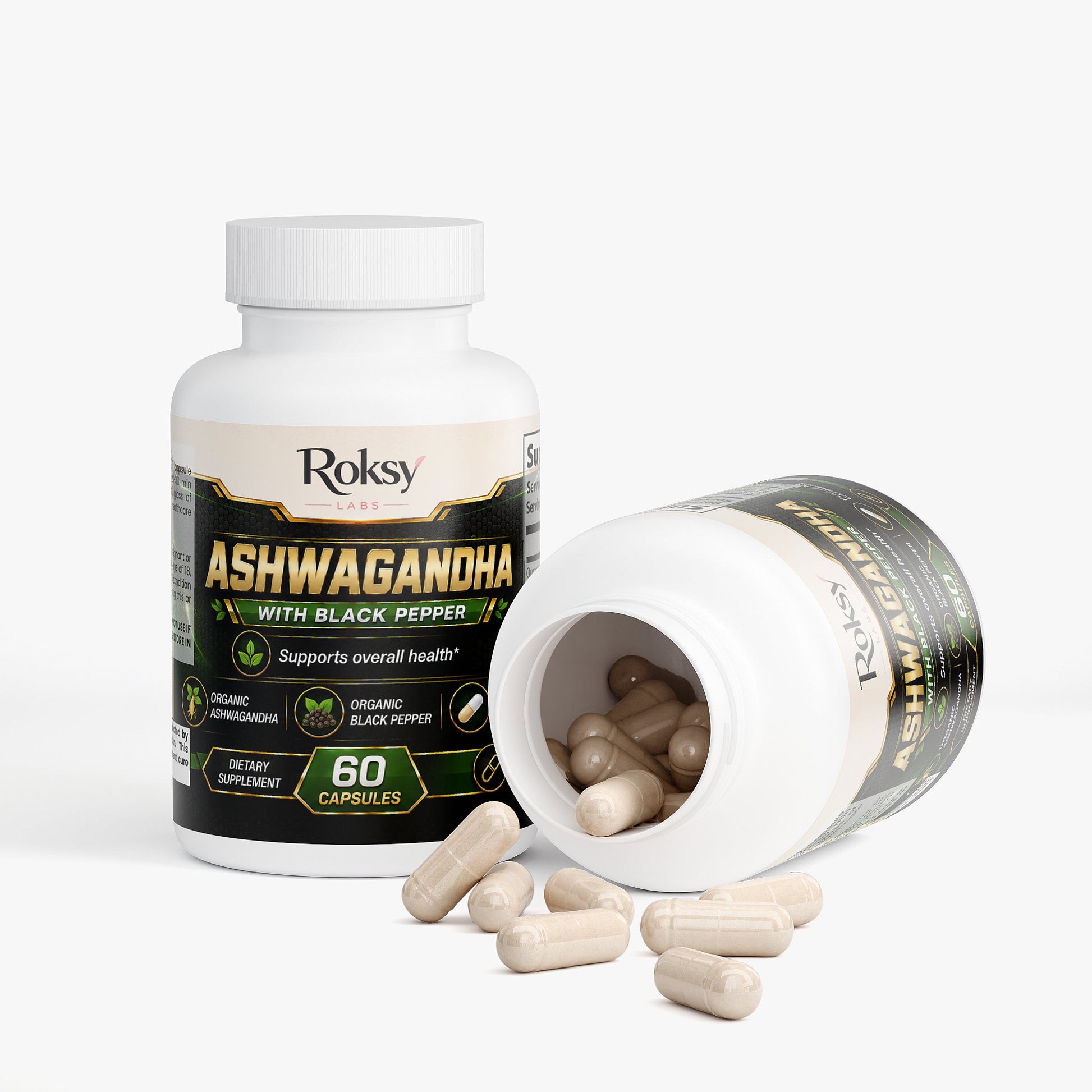 Roksy Ashwagandha Withania Capsules with Black Pepper for Overall Health in a 60-capsule bottle