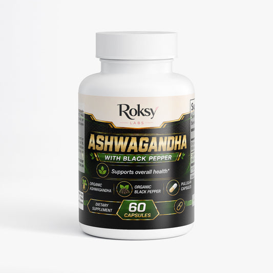 Roksy Labs Ashwagandha supplement bottle on a white background