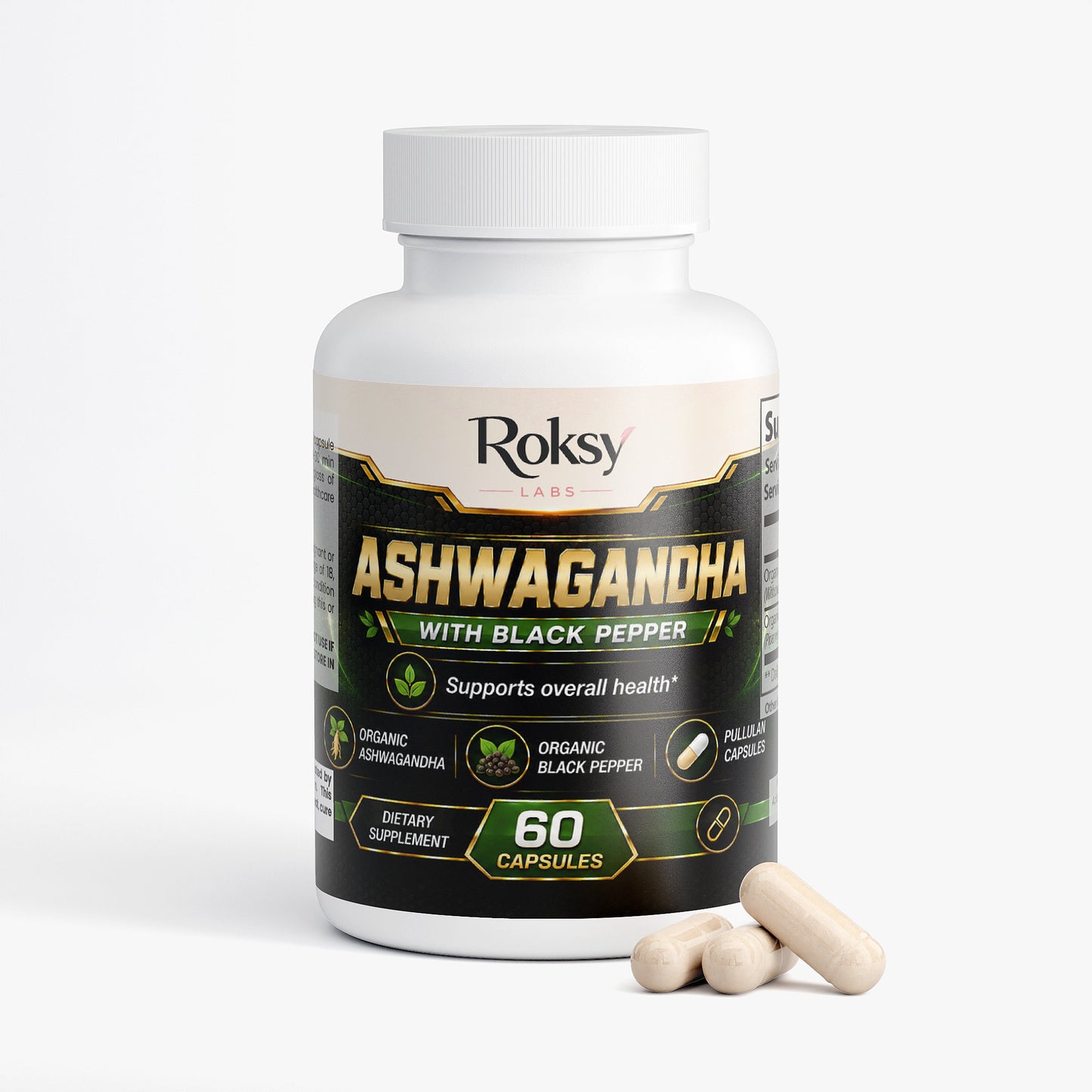 Roksy Labs Ashwagandha Withania Capsules with Black Pepper for overall health support