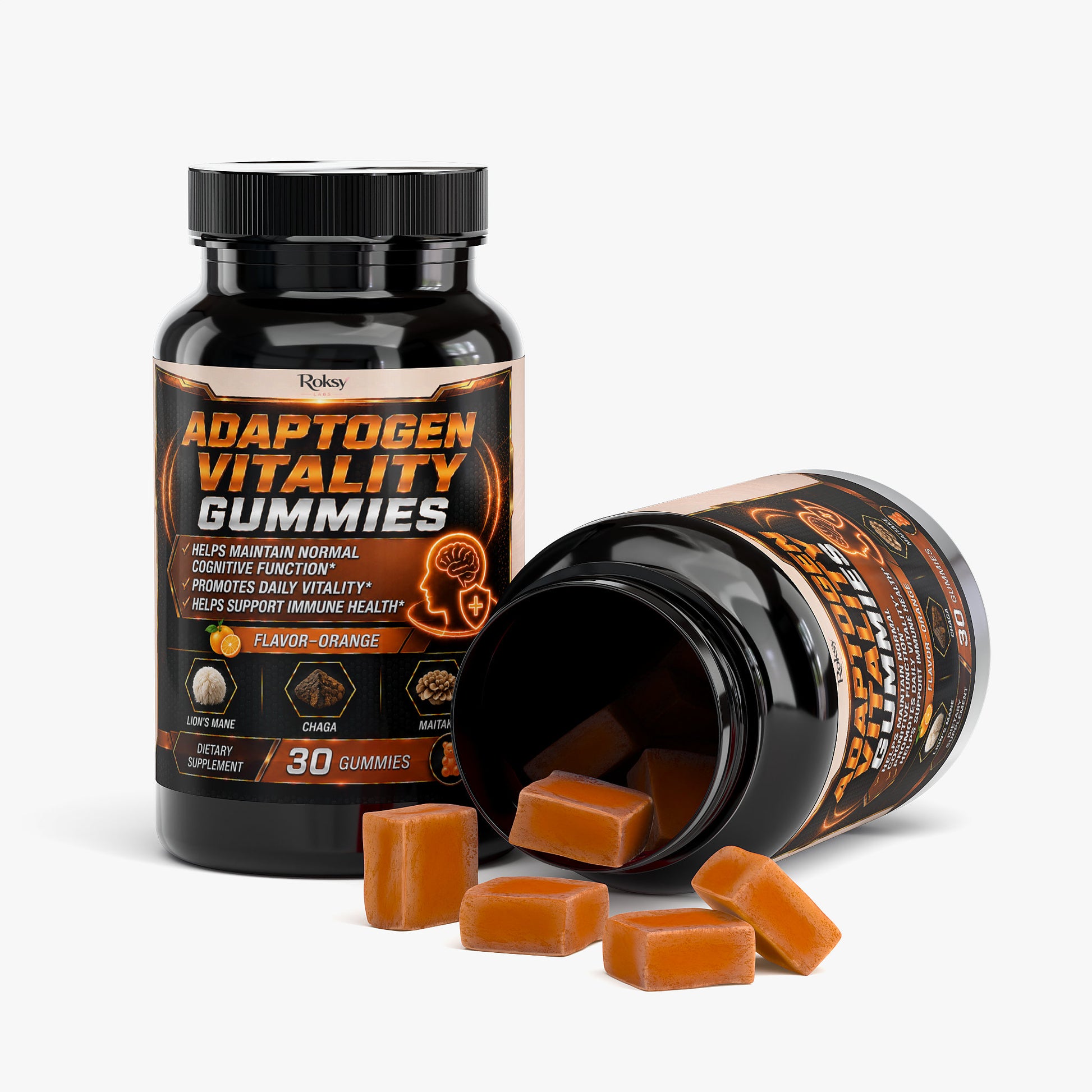 Roksy Lion's Mane Mushroom Supplements in Gummy Form for Cognitive Health and Vitality, Orange Flavor
