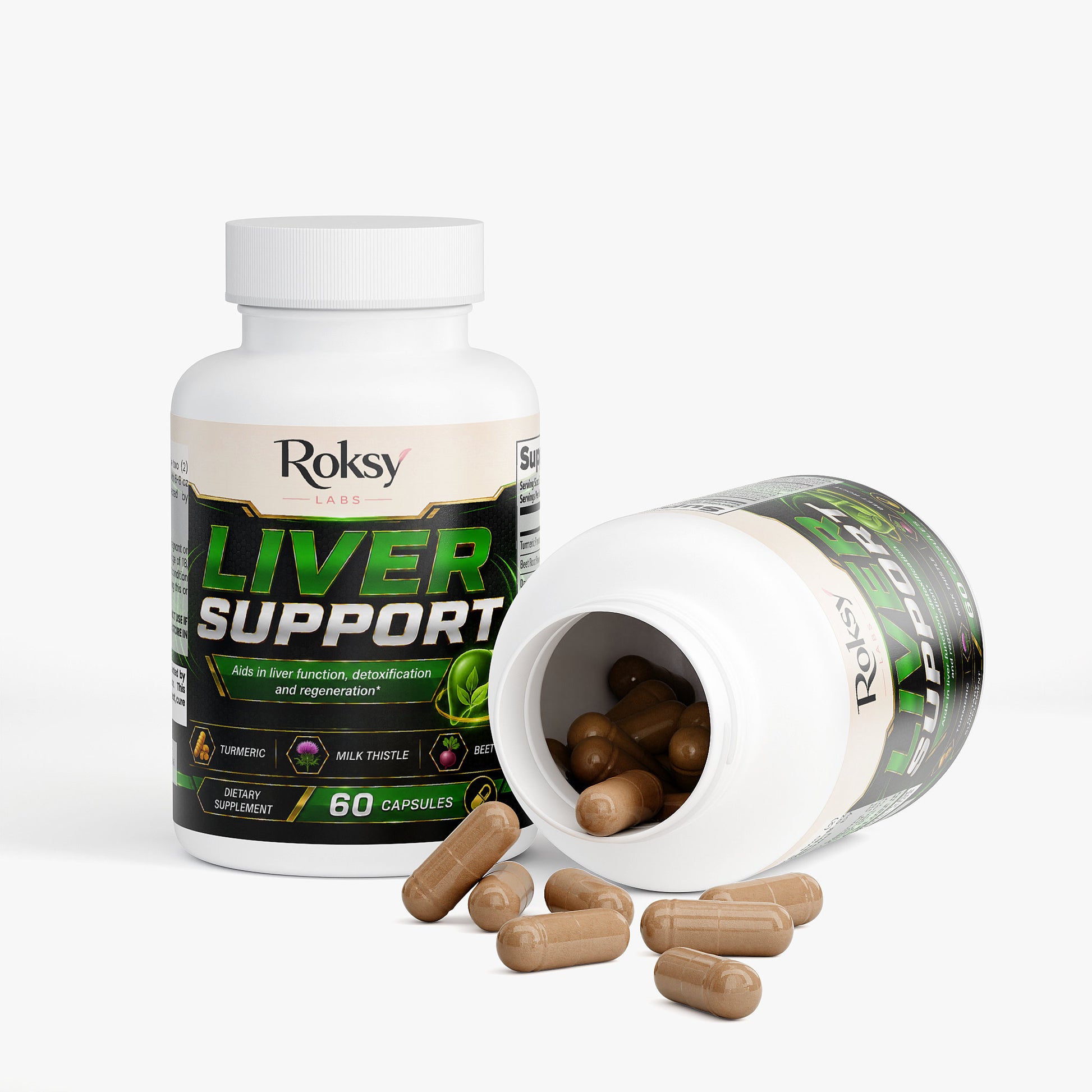 Roksy Liver Support with Milk Thistle, 60 capsules, featuring a bottle with capsules spilled out, promoting liver detox and c