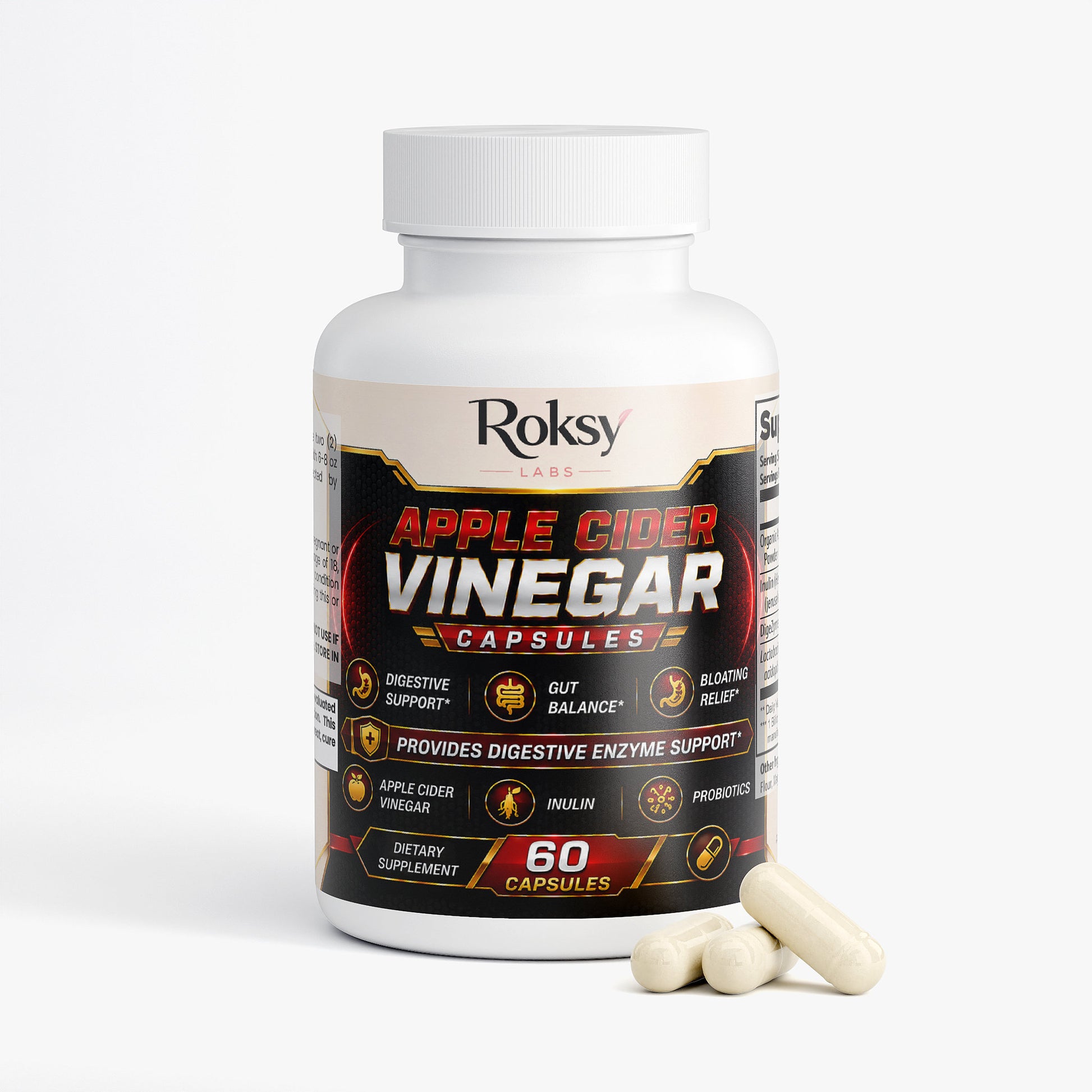 ACV Pills with probiotics and enzymes supplement bottle for gut health and weight management
