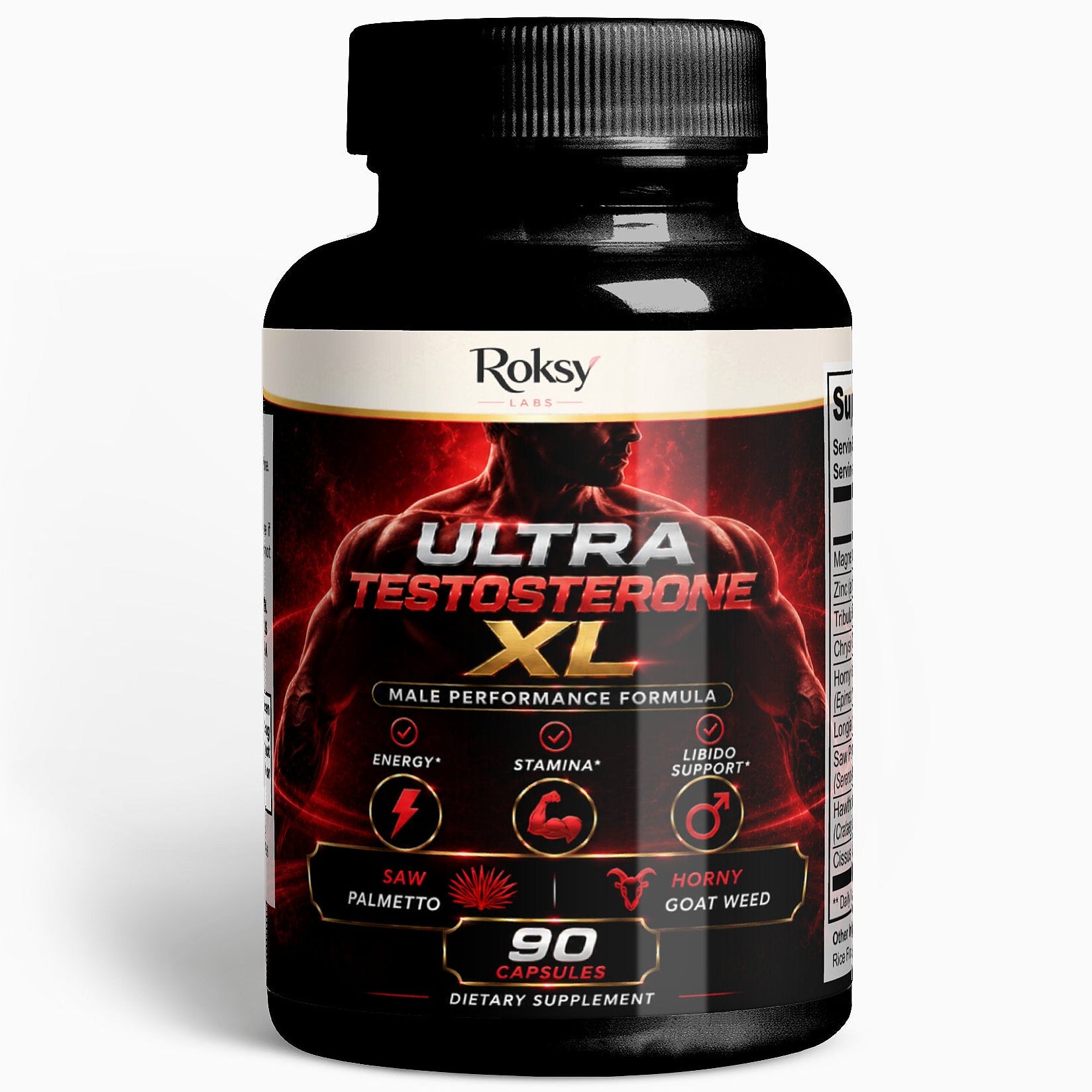 Roksy Ultra Testosterone XL is a black bottle containing 90 capsules, designed as a natural testosterone booster for men.