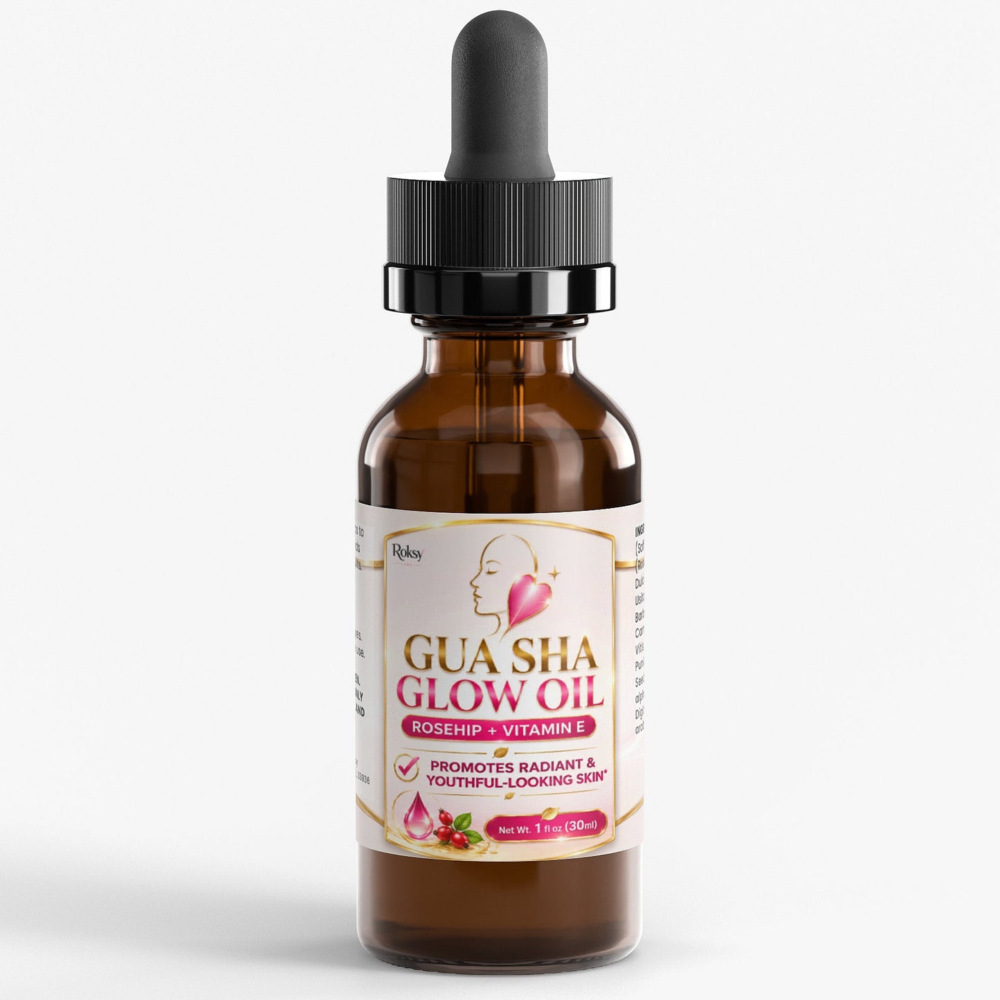 Bottle of Gua Sha Glow Oil with a dropper on a white background