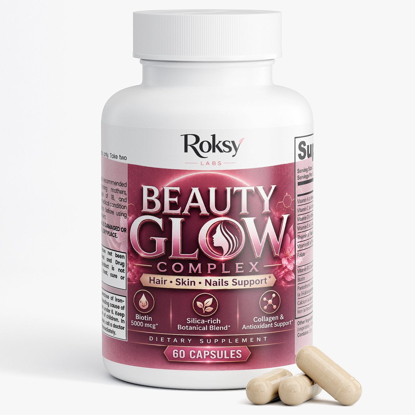 Beauty Glow Complex | Biotin 5000mcg Collagen Silica Horsetail Bamboo | Hair Skin and Nails Support | 60 Capsules