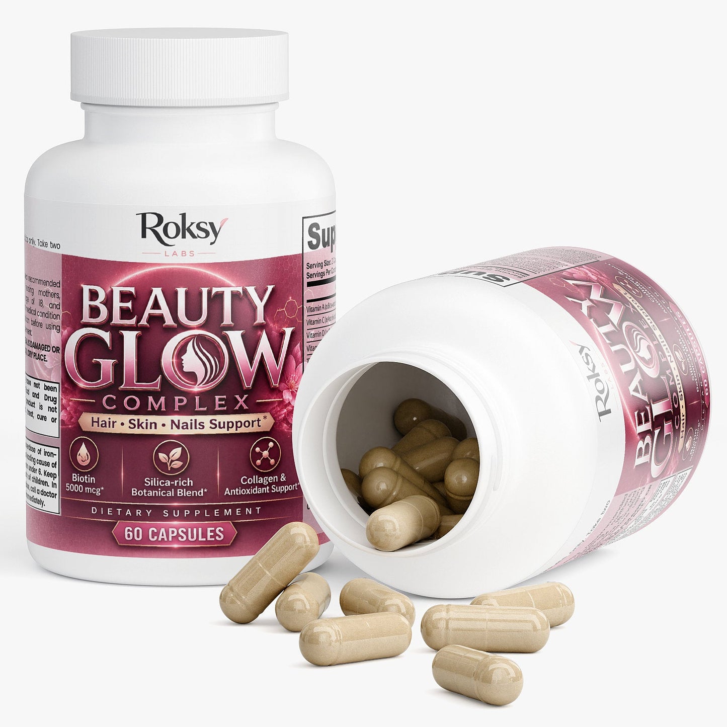 Beauty Glow Complex | Biotin 5000mcg Collagen Silica Horsetail Bamboo | Hair Skin and Nails Support | 60 Capsules