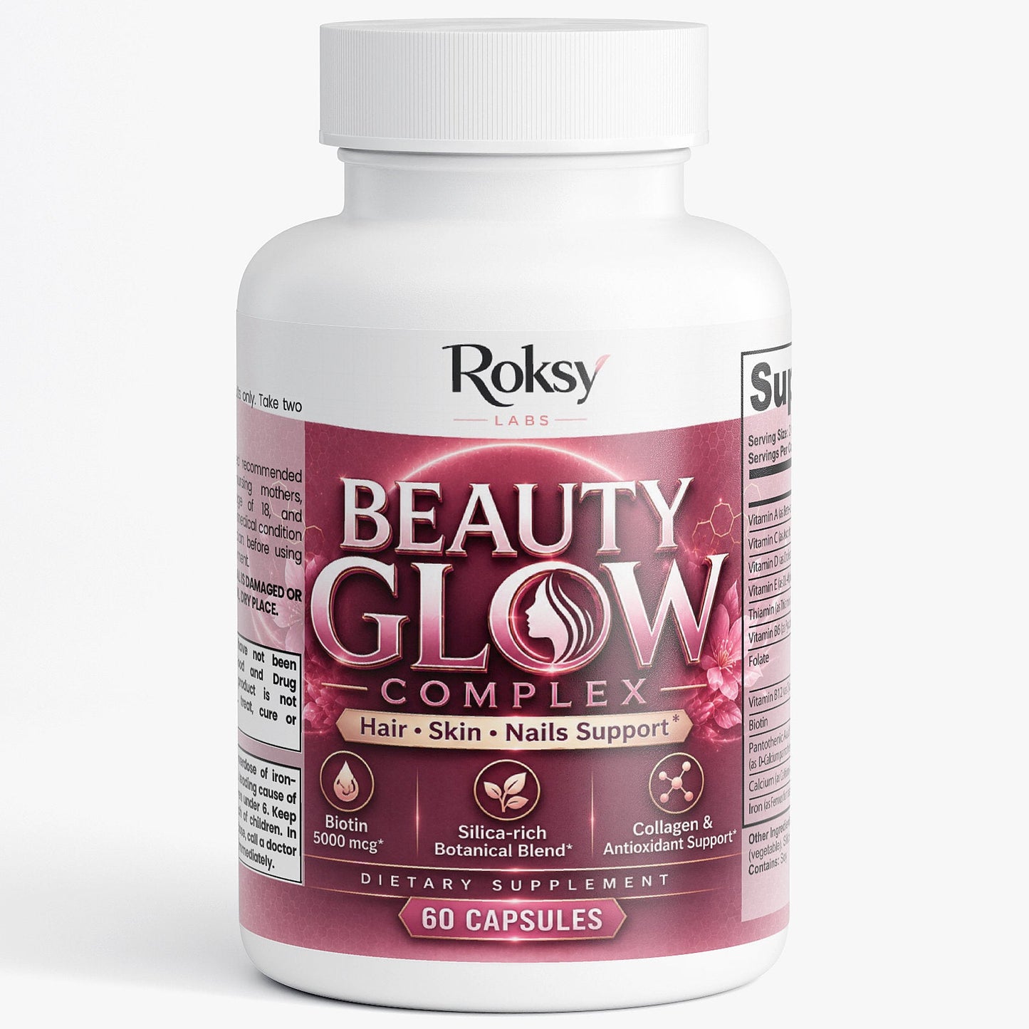 Beauty Glow Complex | Biotin 5000mcg Collagen Silica Horsetail Bamboo | Hair Skin and Nails Support | 60 Capsules