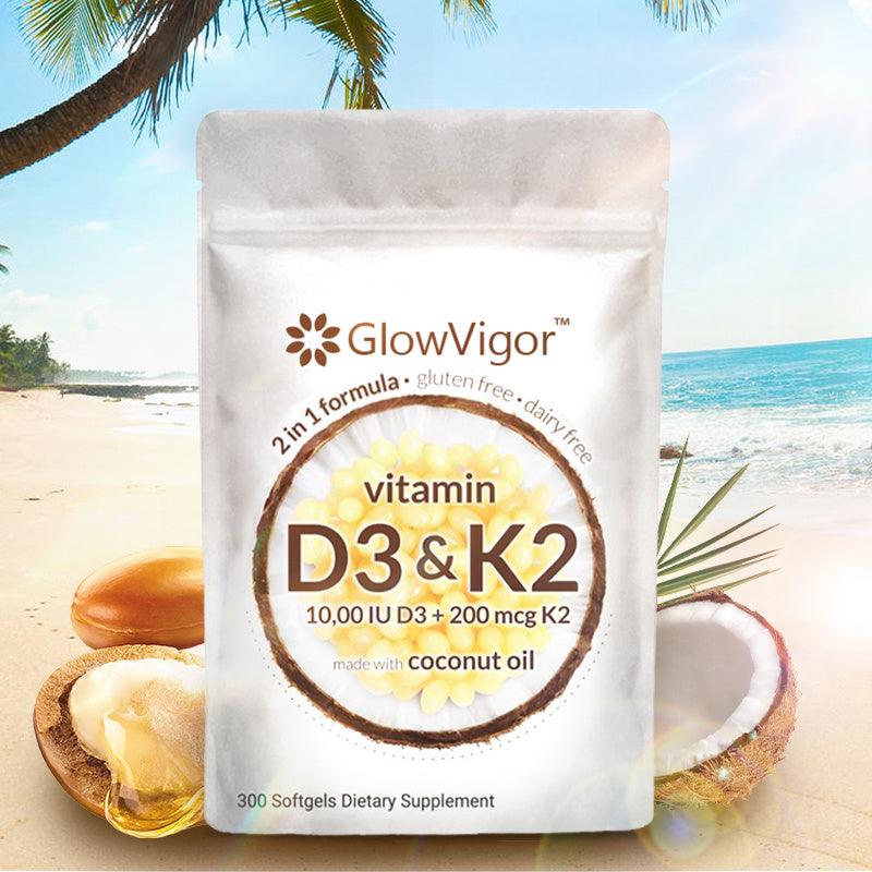 GlowVigor 2-in-1 Vitamin D3 K2 Supplement Softgel, 9999 IU VIT D3 200 MCG Vitamin K2, Free Of GMO, Gluten, Soy, Bone Health, Cardiovascular Health Support, Aiding In Calcium Absorption, 300 Pcs