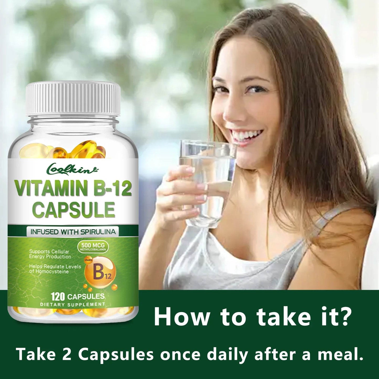 Vitamin B12 Capsules - with Organic Spirulina - Supports Energy Metabolism, Mood, Heart and Nervous System Health - 120 Capsules