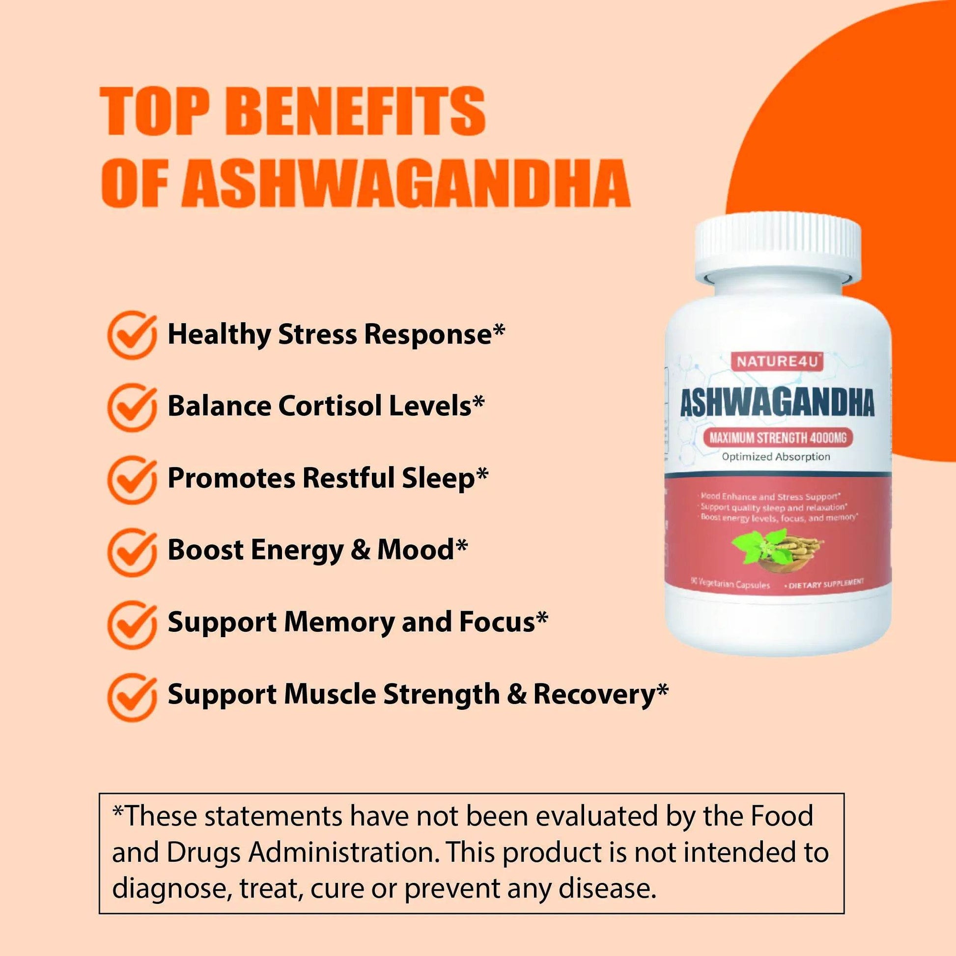 Nature4U Ashwagandha 4000mg Extra Strength, Natural Adaptogen Mood & Stress Support, Sleep & Energy Support, 90 Vegan Capsules