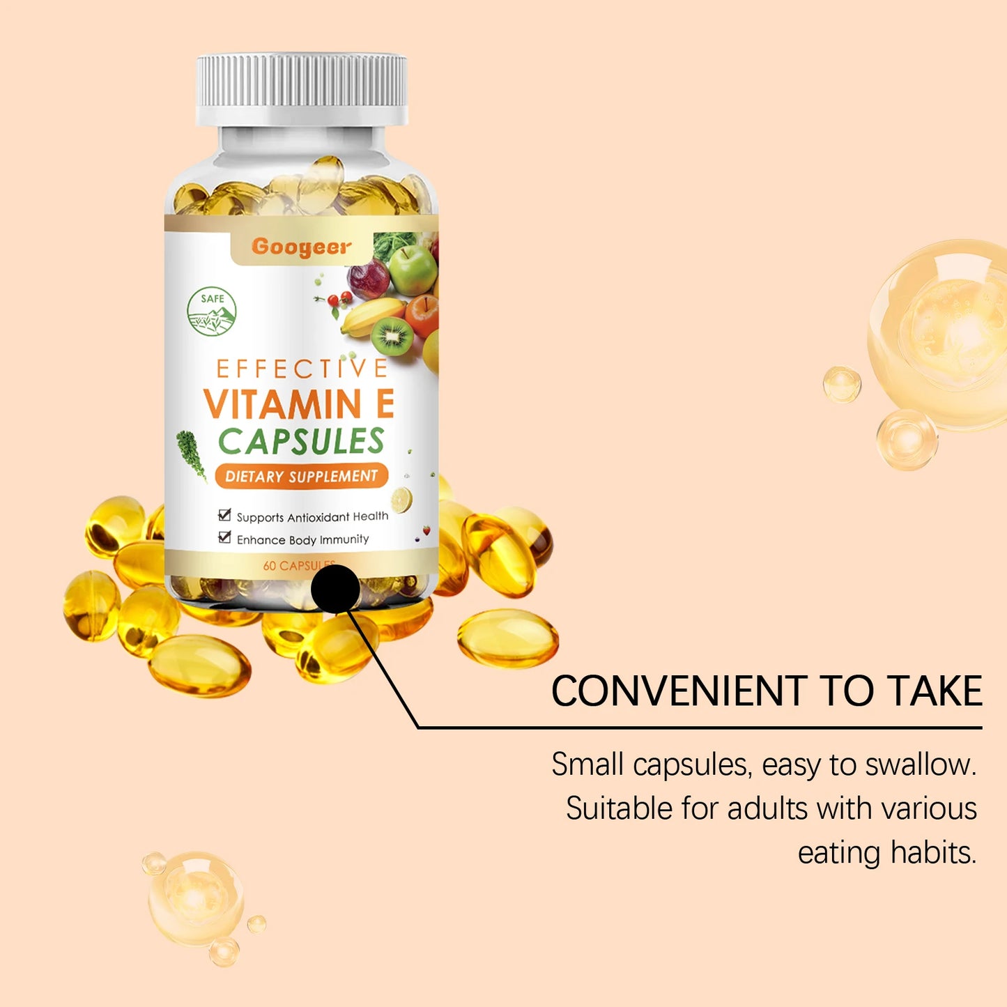 Googeer 60pcs Vitamin E Capsule Promote Digestion Help Blood Birculation Enhance Energy Daily Vitamin Supplement Dietary Capsule