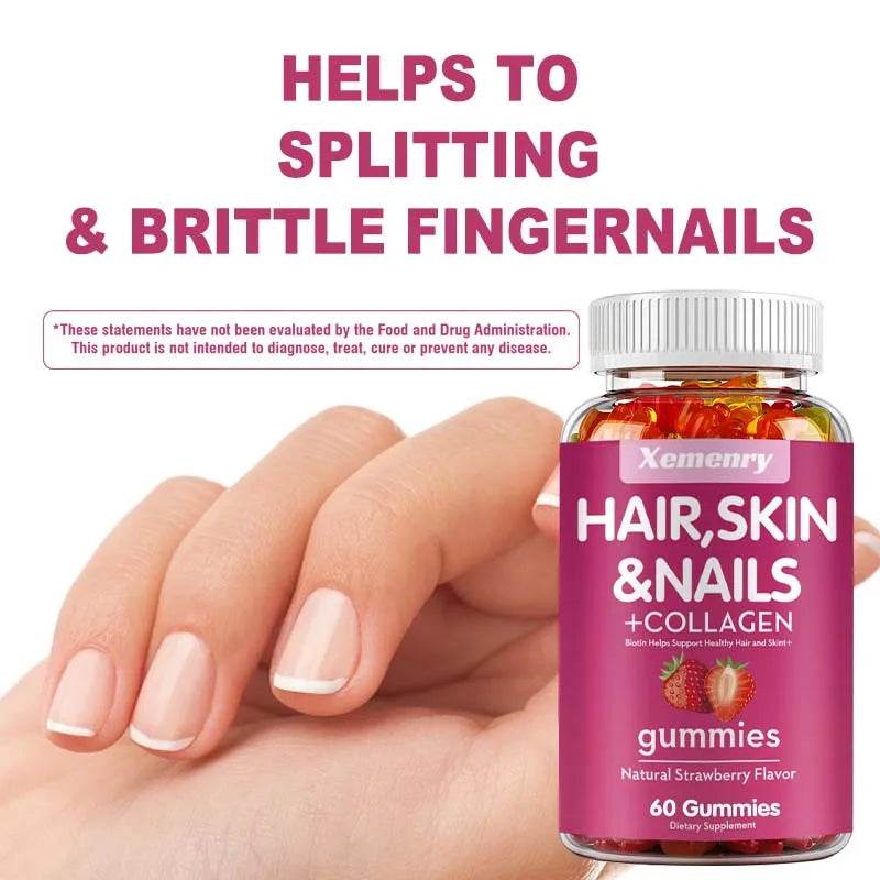 Hair, Skin & Nails + Collagen Gummies - Promotes Healthy Skin, Joints, Hair, Nails, Antioxidants - 60 Gummies