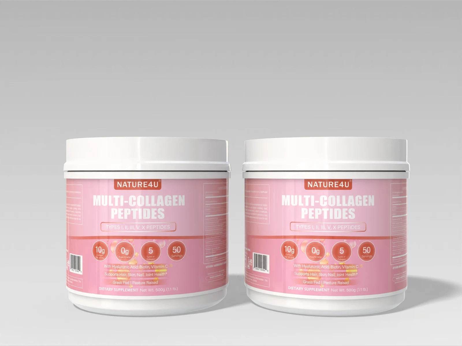 Nature4U Multi Collagen Peptides Powder with Biotin, Hyaluronic Acid, , Vitamin C for Healthy Hair, Skin, Nails, Joint, 1.1LB 2 jars United States