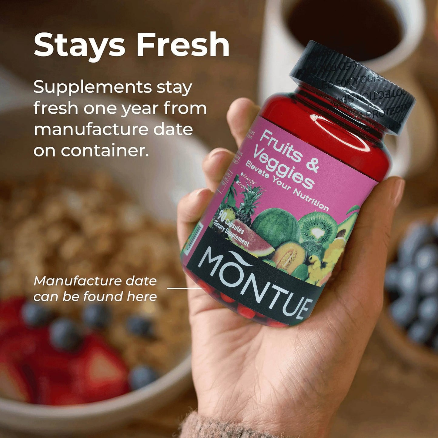 Montue Fruits and Veggies Supplement - 90 Fruit and 90 Veggie Capsules - Supports Energy Levels, Vitamins & Minerals -Made in Th