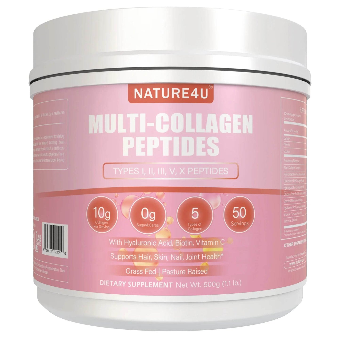 Nature4U Multi Collagen Peptides Powder with Biotin, Hyaluronic Acid, , Vitamin C for Healthy Hair, Skin, Nails, Joint, 1.1LB I jar United States