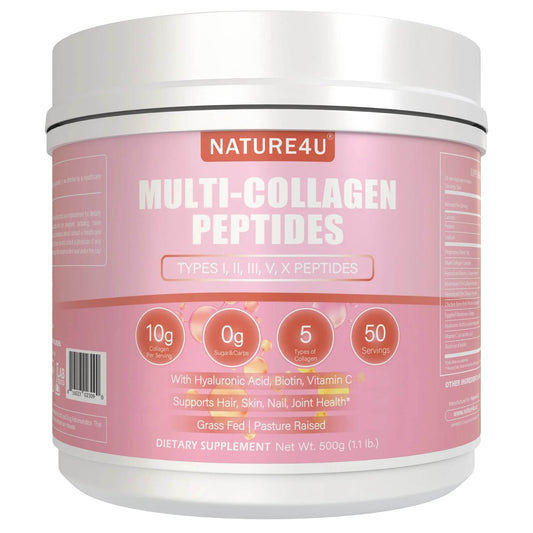 Nature4U Multi Collagen Peptides Powder with Biotin, Hyaluronic Acid, , Vitamin C for Healthy Hair, Skin, Nails, Joint, 1.1LB I jar United States