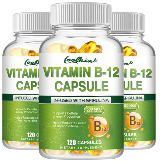 Vitamin B12 Capsules - with Organic Spirulina - Supports Energy Metabolism, Mood, Heart and Nervous System Health - 120 Capsules Three - Best choice United States