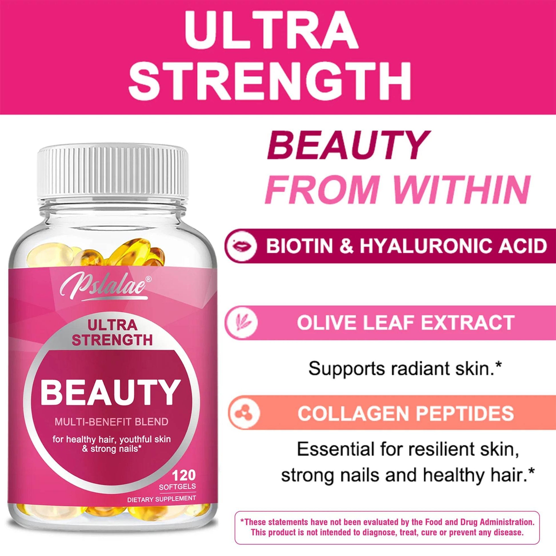 Ultra Strength Beauty Capsules - Whitening Skin Care, Replenishing Hair, Skin and Nails - 120 Capsules