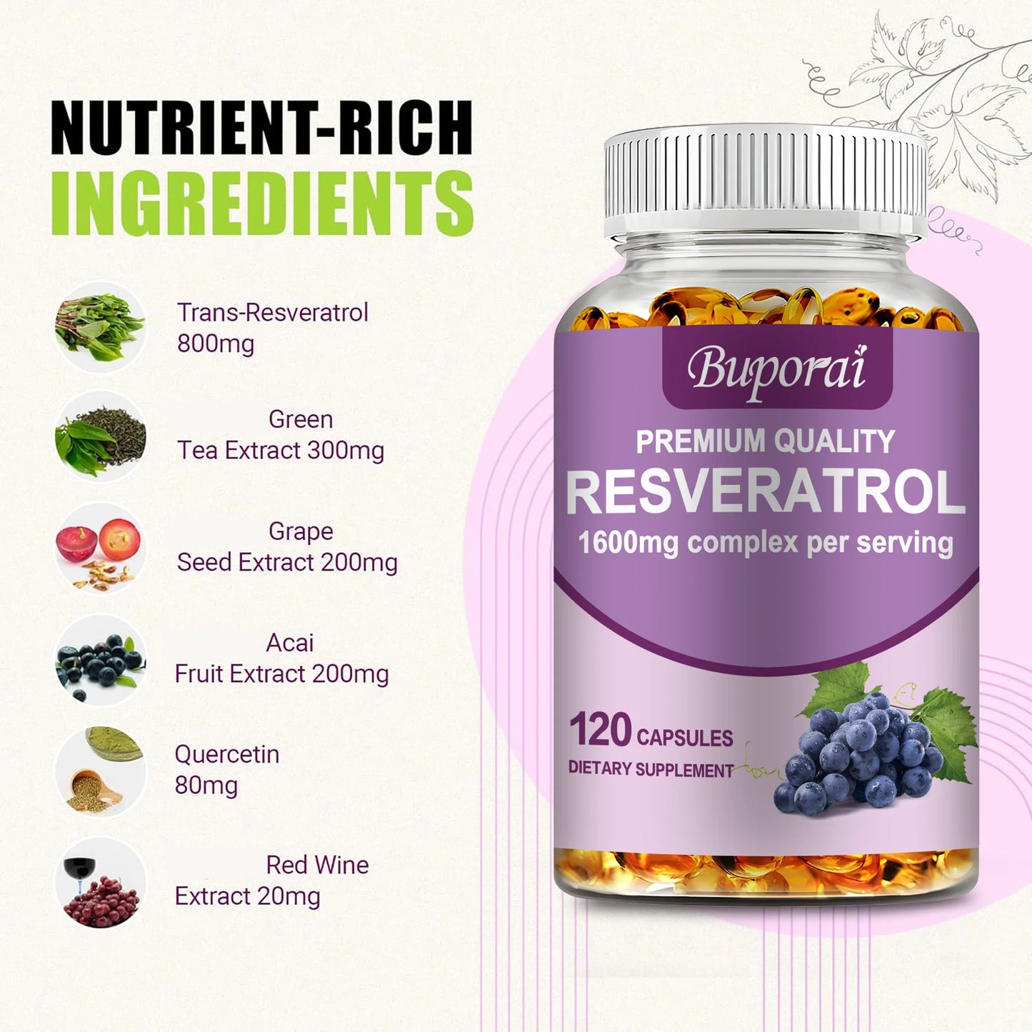 Resveratrol - Supports Skin, Cardiovascular Health, Boosts Metabolism, Antioxidant, Anti-aging - 120 Capsules