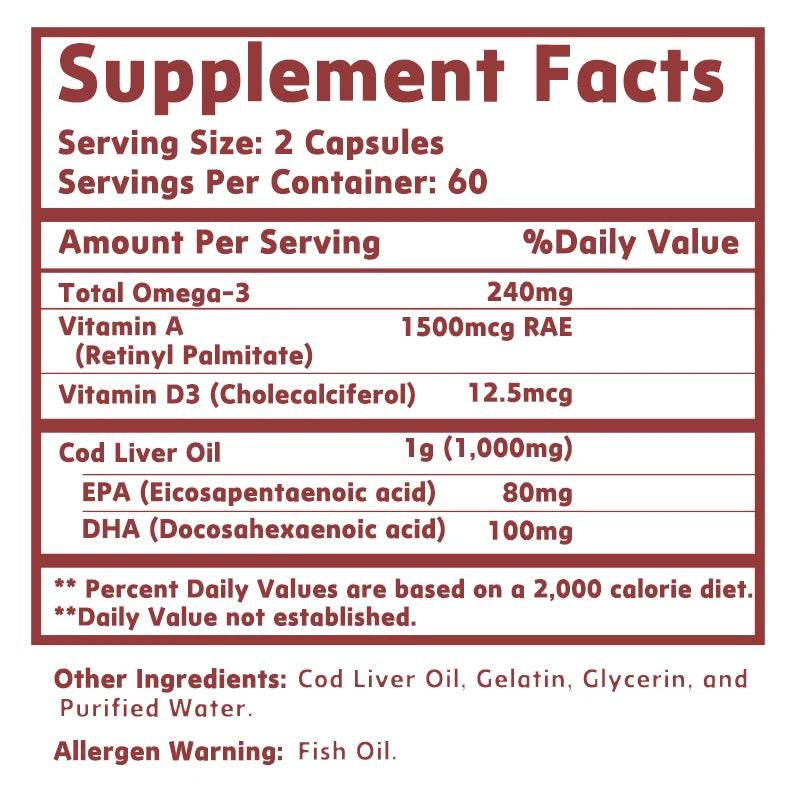 Cod Liver Oil - Heart Joint Brain & Immune Support - Omega 3 EPA/DHA - 120 Capsules