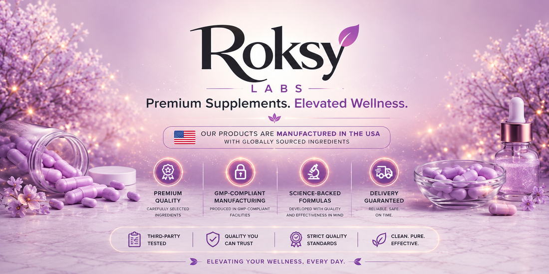 Roksy Labs premium supplements advertisement with a purple and white color scheme.