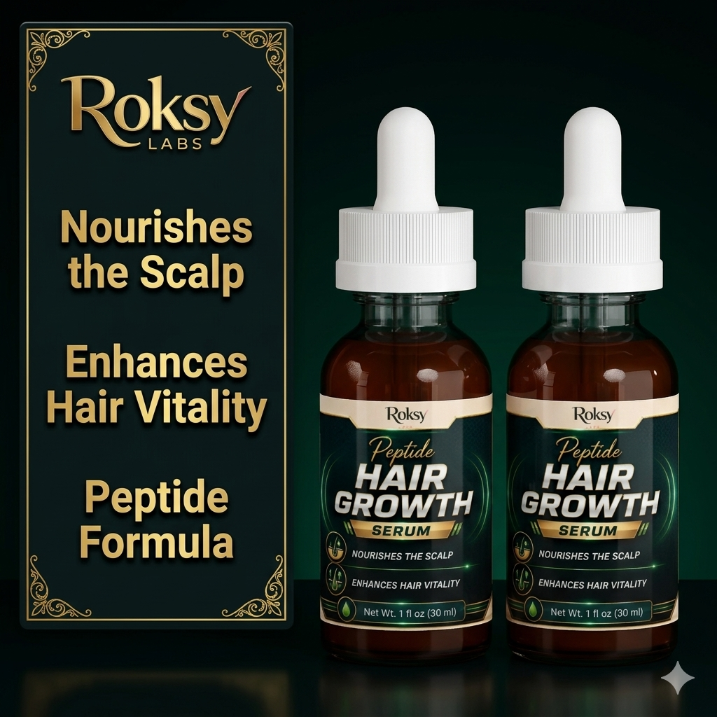 Two bottles of Roksy Labs Peptide Hair Growth Serum with promotional text on a dark background.