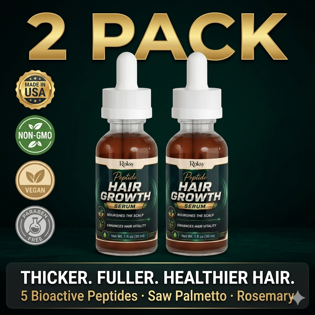Two bottles of hair growth serum with branding and product details on a dark background