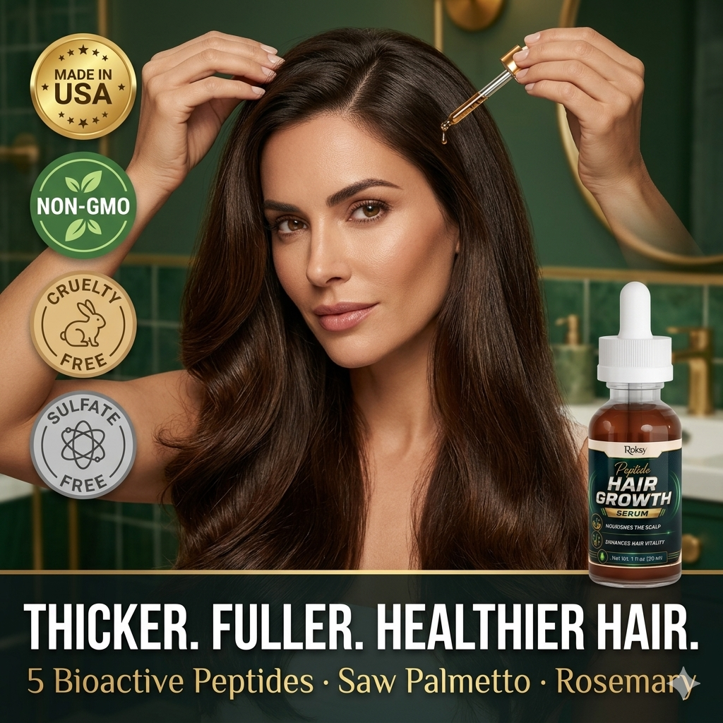Woman with long hair applying a hair growth product with product and brand details displayed.